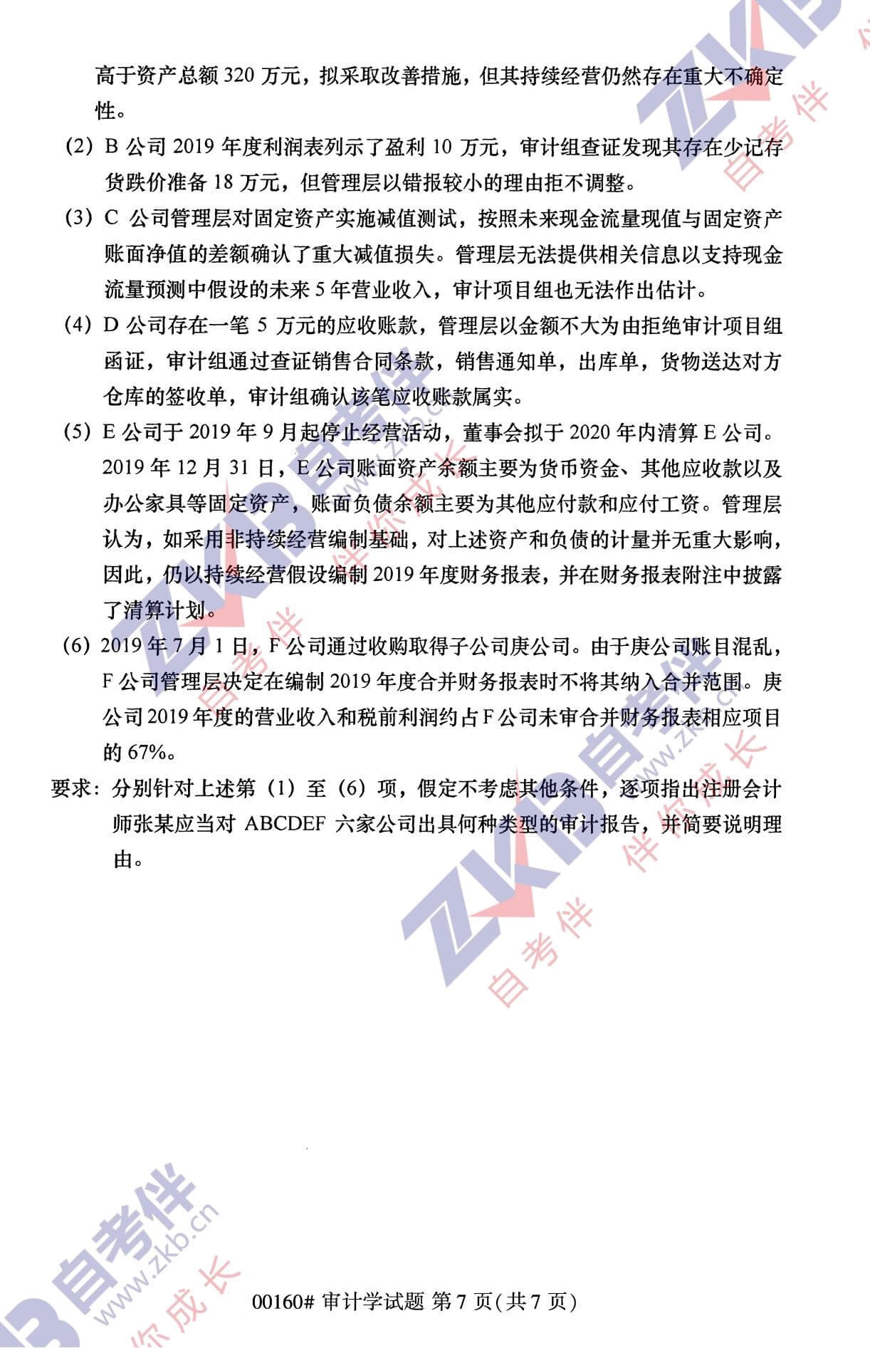 2021年10月福建自考00160審計學(xué)試卷